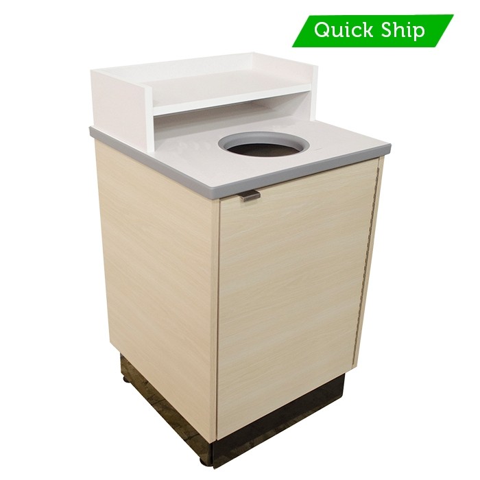 Beigewood laminate body with Frosty White laminate top and shelf