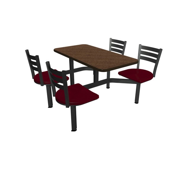 Windswept Bronze laminate table top, Black vinyl edge, Quest Chairhead with cranberry seat