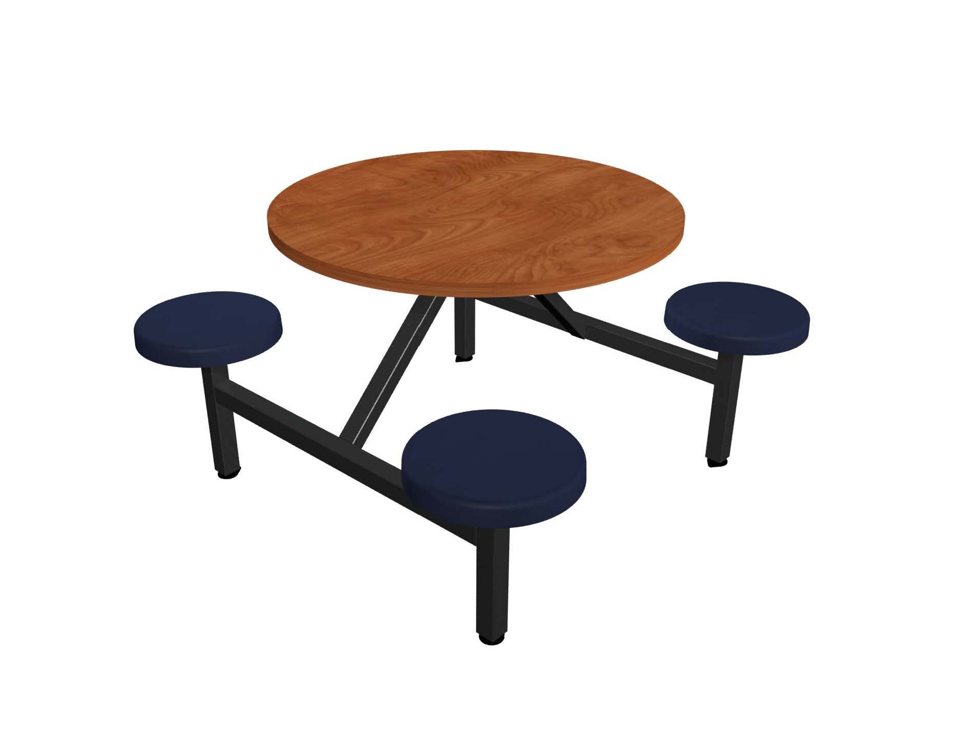 Wild Cherry laminate table top, Black vinyl edge, Navy composite button seat