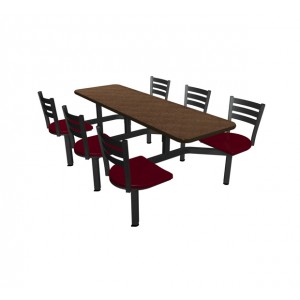 Windswept Bronze laminate table top, Black vinyl edge, Quest chairhead with Cranberry seat