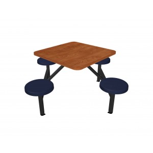 Wild Cherry laminate table top, Black vinyl edge, Navy composite button seat
